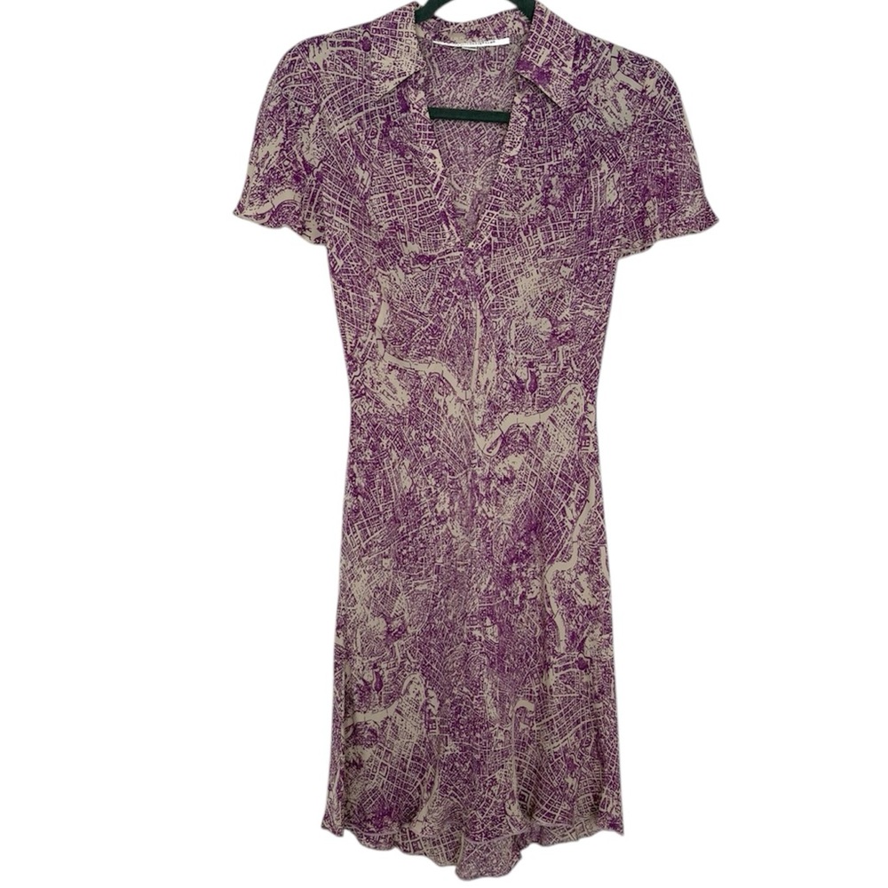 Diane Von Furstenberg Silk Dress PurplePrinted Abstract V Neck Collared Size 6